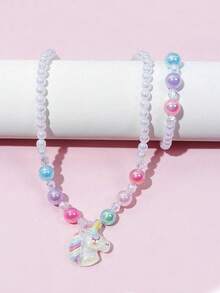 2pcs/Set Girls Cute Cartoon Unicorn Beaded Jewelry Set Necklace Bracelet Daily Accessories Party Gift - one-size - View 4