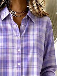 Back To School Season Casual Fashion Plaid Print Women's Plus Size Lightweight Autumn Long Sleeve Shirt - Mauve Purple - View 6
