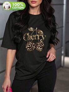 Plus-Size Women's Casual Cotton T-Shirt,Featuringaround Neck Design,Loose Short Sleeves,And Leopard Print,Cherry,And Letter Patterns.Simple And Casual - Black - View 7