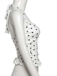 Kliou Summer Polka Dot Print Tank Top Women Halter Low-Neck Bandage Ruffles Backless Sleeveless Skinny Clubwear Basic Vest - White - View 8