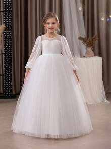 Tween Girl Contrast Lace Mesh Princess Dress, Suitable For Birthday Party, Wedding, Ball, Party And Important Occasions - White - View 3