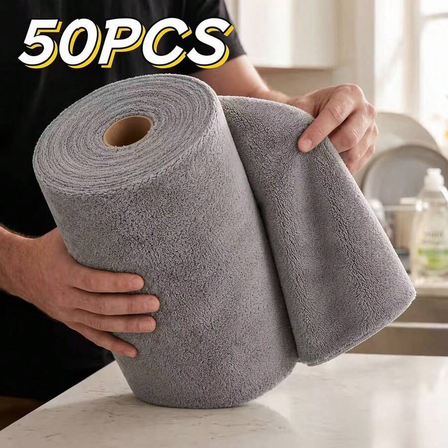 50 قطعة/لفة قماش تنظيف مطبخ قابل للتخلص منه، قماش تنظيف مثقوب قابل للتمزيق، تنظيف منزلي متعدد الأغراض، غسل الأطباق، مسح الطاولة، امتصاص الماء والزيت، استخدام جاف ورطب، خالي من الوبر، سميك وقوي
