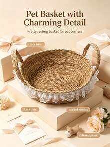 1pc Handmade Woven Pet Basket, Breathable Cat Bed Nest For Cats & Small Dogs, Indoor All Season Use - Multicolor - View 7