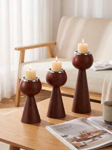 1Pc/1Set Wood Grain Metal Candle Holder Set, Modern Taper & Pillar Candle Holders, Decorative Candlestick Stand For Home Decor, Living Room, Dining Table, Centerpiece, Boho Decor, Farmhouse Decor, Wedding, Party, Holiday Gift - Vintage Design - View 5