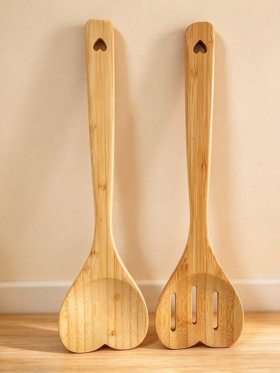 Bộ 2/4 dụng cụ nhà bếp bằng gỗ tre, xẻng hình trái tim, thìa tre rỗng dùng cho gia đình, dụng cụ nấu ăn - Màu Mù tạt vàng - Xem 1