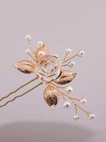 1pc Resin Flower Leaf Faux Pearl Decorated Hair Stick, Handmade Soft Hair Accessory Suitable For Bridal Wedding Updo, Daily Photo, Party Fashion Hair Accessory - Gold - View 4