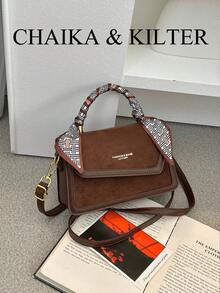 1pc Fashion Square Flap PU Fabric Handbag With Adjustable Shoulder Strap, Suitable For Commuting, Shopping, Etc. (Includes Silk Scarf) - Coffee - View 4