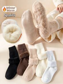 1/5 Pairs Women's Mid-Calf Socks, Solid Color Warm Lining Winter Socks, Fashionable And Versatile, Suitable For Daily Wear And Sleep, Comfortable - Multicolor - View 12
