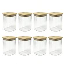 2/4/6/8pcs-Square Striped Glass Storage Jars, Oatmeal Canisters, Glass Spice Jars, Cookie Jars With Bamboo Lids, Airtight Square Glass Containers, 550ml Kitchen Food Storage, Suitable For Spices, Oatmeal, Cookies, Candy And Pantry Organization - View 11