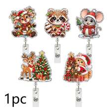 1pc Glitter Christmas Animal Acrylic Retractable Badge Reel, Reindeer Cat Design, Nursing ID Holder Badge Clip - Multicolor - View 8