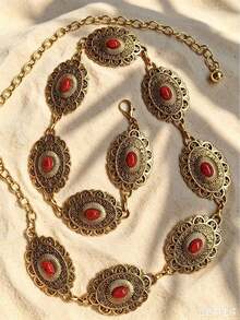 E Lady Engraved Buckle Black Textured Metal Waist Chain - Golden Red - View 11