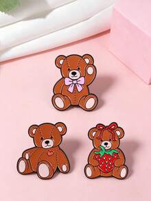 Cute Brown Teddy Bear Enamel Pin, Bow Heart Strawberry Bear Brooch, Decorative Lapel Pin For Jackets Backpacks Hats - Multicolor - View 2
