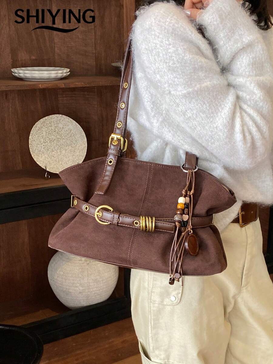 1pc Solid Color Suede New Women's Backpack, Shoulder Bag, Fashionable Large Capacity Baguette Bag, Zipper Closure, Dual Hand Carry, Suitable For Commuting, Shopping, Dating, Shopping