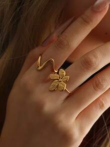 2pcs Set Vintage Gold Flower & Wavy Open Ring Set, Western Style Stainless Steel Stackable Rings, Suitable For Daily, Holiday, Party Or Gift - Floral Geometric Ring - View 1