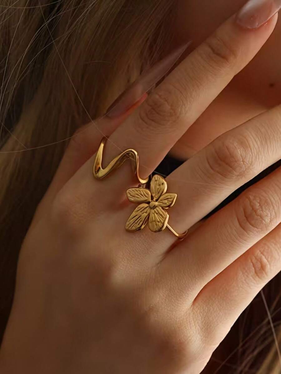 2pcs Set Vintage Gold Flower & Wavy Open Ring Set, Western Style Stainless Steel Stackable Rings, Suitable For Daily, Holiday, Party Or Gift - Floral Geometric Ring - View 1