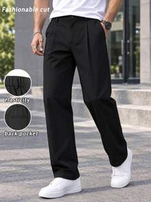 Men's Long Pants, Elastic Waist Casual Trousers, Loose Fit Solid Color Bottoms, Suitable For Daily Outings, Office Commute, Weekend Gatherings, City Street Strolling, Dating, Travel Vacation, Campus Wear, Classic Long Pants With Back Pockets - Black - View 7