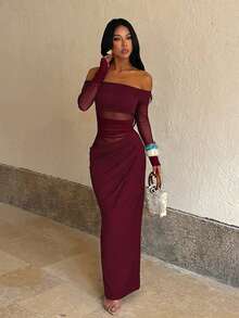 Fall And Winter, Elegant Dress, Draped See-Through Patchwork Party Dress, Back To School Dance, Halloween, Suitable For Weddings, Birthdays - Burgundy - View 3
