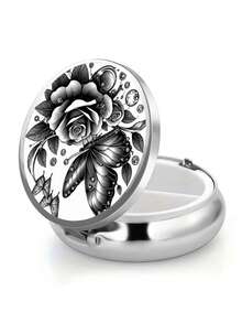 1pc Black & White Butterfly Rose Print Metal Box, Dual Compartment Convenient Round Pill Box, Multi-Functional Design, Can Store Vitamins, Capsules, Pills And Jewelry, Easy To Carry, An Exquisite Accessory - Multicolor - View 7