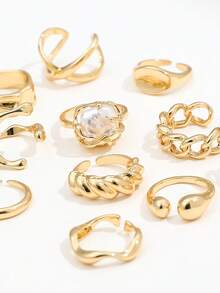 12pcs/ Set New Irregular Geometric Rings Set Faux Pearl Gold Color Metal Finger Rings For Women, Fashion Statement Jewelry Gifts - Yellow Gold - View 3