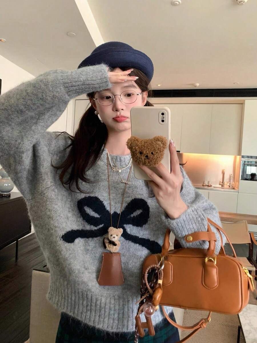 Women's Casual Versatile Everyday Bowknot Loose Knit Sweater, Autumn/Winter - Grey - View 1