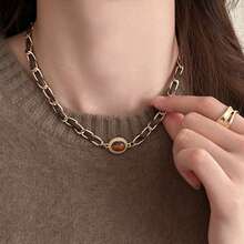 1pc/2pcs Maillard Vintage Tiger Eye Stone Double Layer Stackable Necklace, Leather Braided Chain Detachable 2 Pieces Set Sweater Chain, Autumn/Winter Luxury Niche Women's Accessory - Gold - View 4