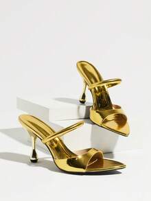 Women's Mirror One-Strap Mule High Heels, Elegant Fashion Personality Party Celebrity Style Glamorous Evening Dress, Gathering Occasions, Stiletto Pointed Toe Open Toe Sandals, Gold High Heels - Gold - View 5
