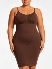 Women's Solid Color Ribbed Knit Bodycon Midi Dress, Adjustable Spaghetti Strap V-Neck Slim Fit Pencil Dress, High Elasticity For Date Party Daily Wear - Coffee Brown - View 4