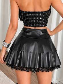 Apperloth A Gothic Black Mini Skirts PU Leather High Waist Lace Trim Ruffle Hem A-Line Tiered Skirt WIth Invisible Zipper For Women Night Out Halloween Partywear - Black - View 2