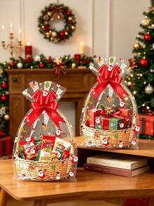10pcs Christmas Snowflake Transparent Drawstring Gift Bags, Empty Packaging Bags With Red Decorative Bows, Christmas Party Gift Packaging Bags - Multicolor - View 1