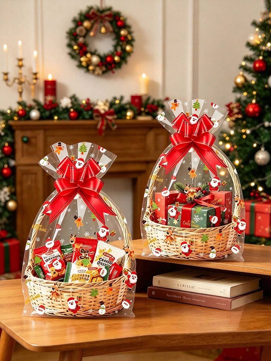 10pcs Christmas Snowflake Transparent Drawstring Gift Bags, Empty Packaging Bags With Red Decorative Bows, Christmas Party Gift Packaging Bags - Multicolor - View 1