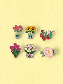 Popjeli 6pcs Enamel Pins Women's Backpack Accessories Birthday Gift Plant Pattern Tulip Peony Strawberry Country Style Multicolor - Multicolor - View 1