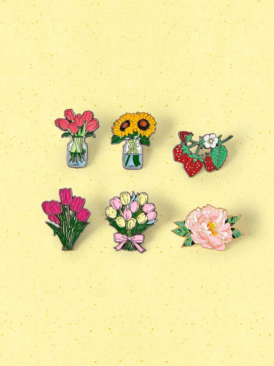 Popjeli 6pcs Enamel Pins Women's Backpack Accessories Birthday Gift Plant Pattern Tulip Peony Strawberry Country Style Multicolor - Multicolor - View 1