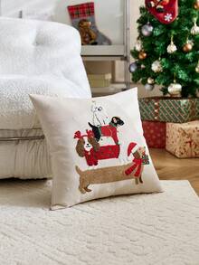 1pc Christmas Dog Gift Box Embroidered Pillow Case, Suitable For Indoor Decoration, Christmas Decor, All Season Pillow Cover, Without Insert - Multicolor - View 5