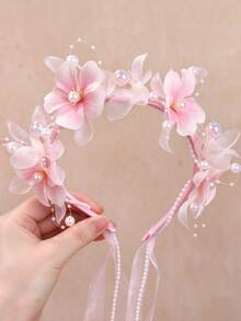 1件女童人造花珍珠髮箍，附仙女風薄紗花珠鏈墜飾髮飾，適合日常配戴、旅行、編髮造型、情人節、派對，仙女風 - 粉色 - 查看 3