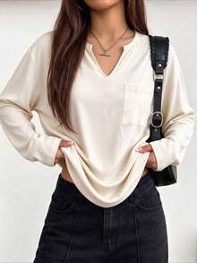 Women's Autumn/Winter Fashion Pocket Slim Fit Square Shoulder V-Neck Long Sleeve T-Shirt, Suitable For Daily Wear - Apricot - View 2