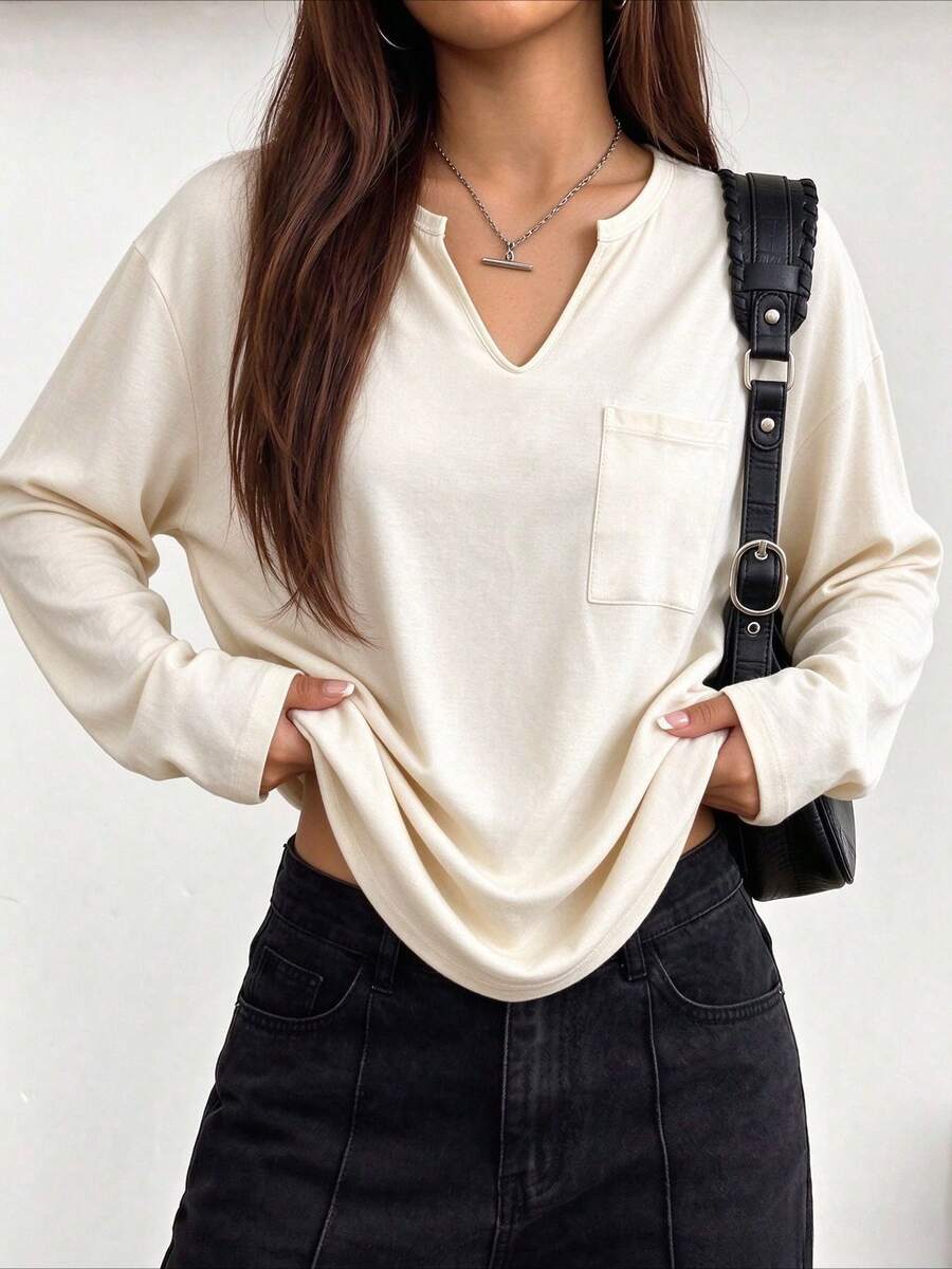 Women's Autumn/Winter Fashion Pocket Slim Fit Square Shoulder V-Neck Long Sleeve T-Shirt, Suitable For Daily Wear - Apricot - View 1