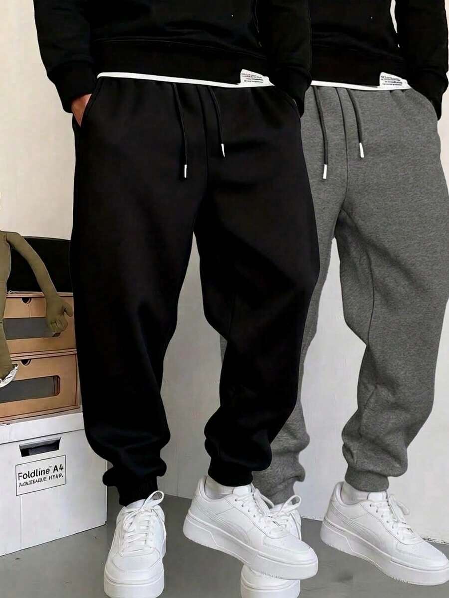 2pcs Men's Casual Sports Pants, Classic Drawstring Waist Elastic Cuff Sweatpants - Multicolor - View 1