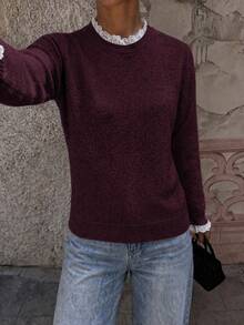 Women's Round Neck Loose Fit Long Sleeve Knit Top, Lace Trim 2 In 1, Solid Color Sweater, Suitable For Office Commute, Autumn/Winter - Burgundy - View 4
