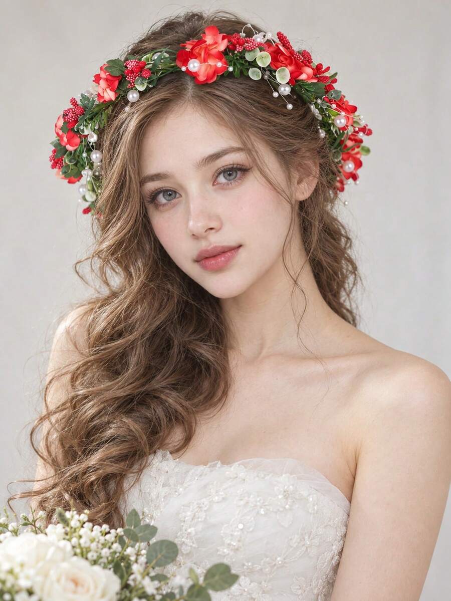 1pc Bohemian Vintage Red Floral Wreath Bridal Headpiece, Mori Style Green Leaf Pearl Flower Crown - Red - View 1