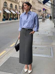 QUNGIGU Rok Panjang Lurus Pinggang Tinggi Kasual Wanita, Desain Belahan Belakang, Cocok Untuk Perjalanan Sehari-hari, Jalan-jalan, dan Kencan - Grey - View 6