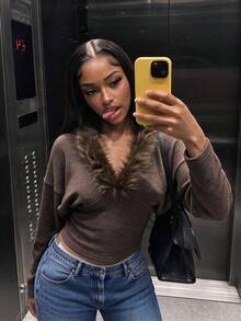 Women's Fuzzy V-Neck Knit Crop Top, Long Dropped Shoulder Sleeves, Regular Length, Medium Stretch Pullover, Suitable For Autumn/Winter Wear - Coffee Brown - View 2