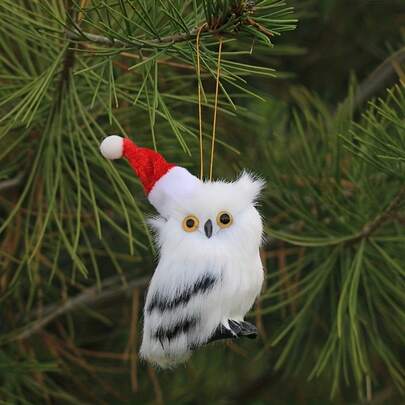 1pc Plush Realistic Owl Christmas Tree Ornament, Cute White Small Animal Hanging Decoration, Christmas Home Decor, Christmas Gift, Christmas Prop