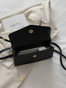 純色抓皺邊翻蓋斜跨包，復古圖案女款手提包 - 黑色 - 查看 8