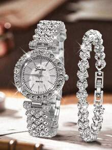 2pcs Women's Quartz Watch & Bracelet Set, Fashion Luxury Rhinestone Minimalist Bar Index Round Dial, Suitable For Daily Wear, Party Decoration, Wedding Season, Birthday And Various Festival Gifts - Silver - View 1