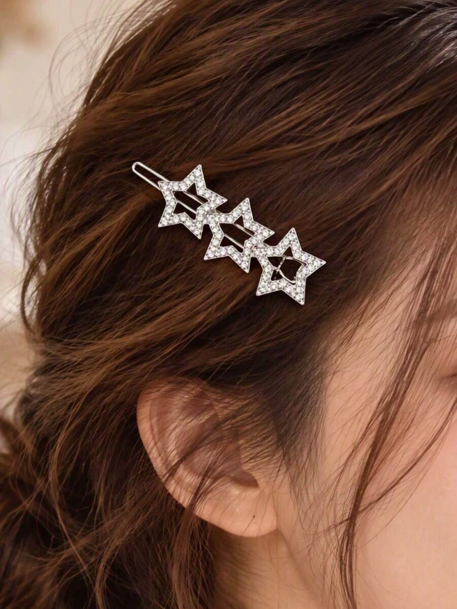 Rhinestone Five-Point Star Frog Clip Elegant Cute Star Side Hair Accessory - Silver - View 1
