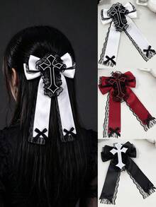 1pc Gothic Embroidered Cross Lace Bow Ribbon Hair Clip, Vintage Lolita Long Ribbon Back Of Head Alligator Hair Clip Accessory - Multicolor - View 1