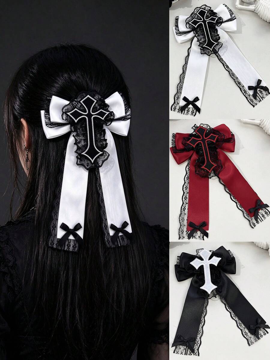 1pc Gothic Embroidered Cross Lace Bow Ribbon Hair Clip, Vintage Lolita Long Ribbon Back Of Head Alligator Hair Clip Accessory - Multicolor - View 1