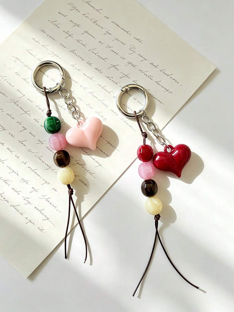 1pc Acrylic Colorful Beads Heart Decoration Keychain Keyring Bag Charm Pendant, Suitable For Wallet, Handbag And Other Bag Accessories Decoration - Multicolor - View 1