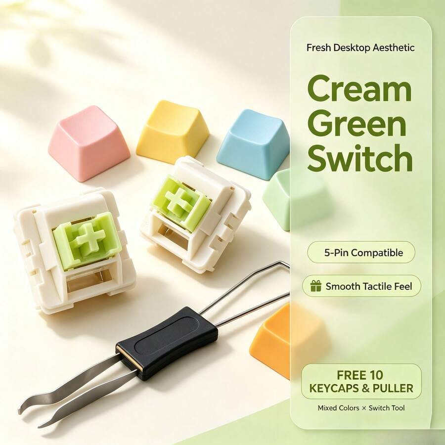 Milk Green Switch 5 Pin Linear Pre-Lubed 50 100Pcs With 2-In-1 Puller 10 Macaron Keycaps For Keyboard Custom DIY Build And Gift