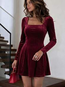 Unadoll Damen Herbst Burgunder Samt Quadratischer Ausschnitt Mini-Kleid, Langarm A-Linien Rock, geeignet für Party, Date Night und Schulanfang - Bordeaux - Übersicht 11